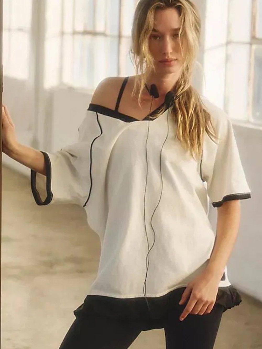 Free People Movement White Baseline Tee with Black Ruffle Trim